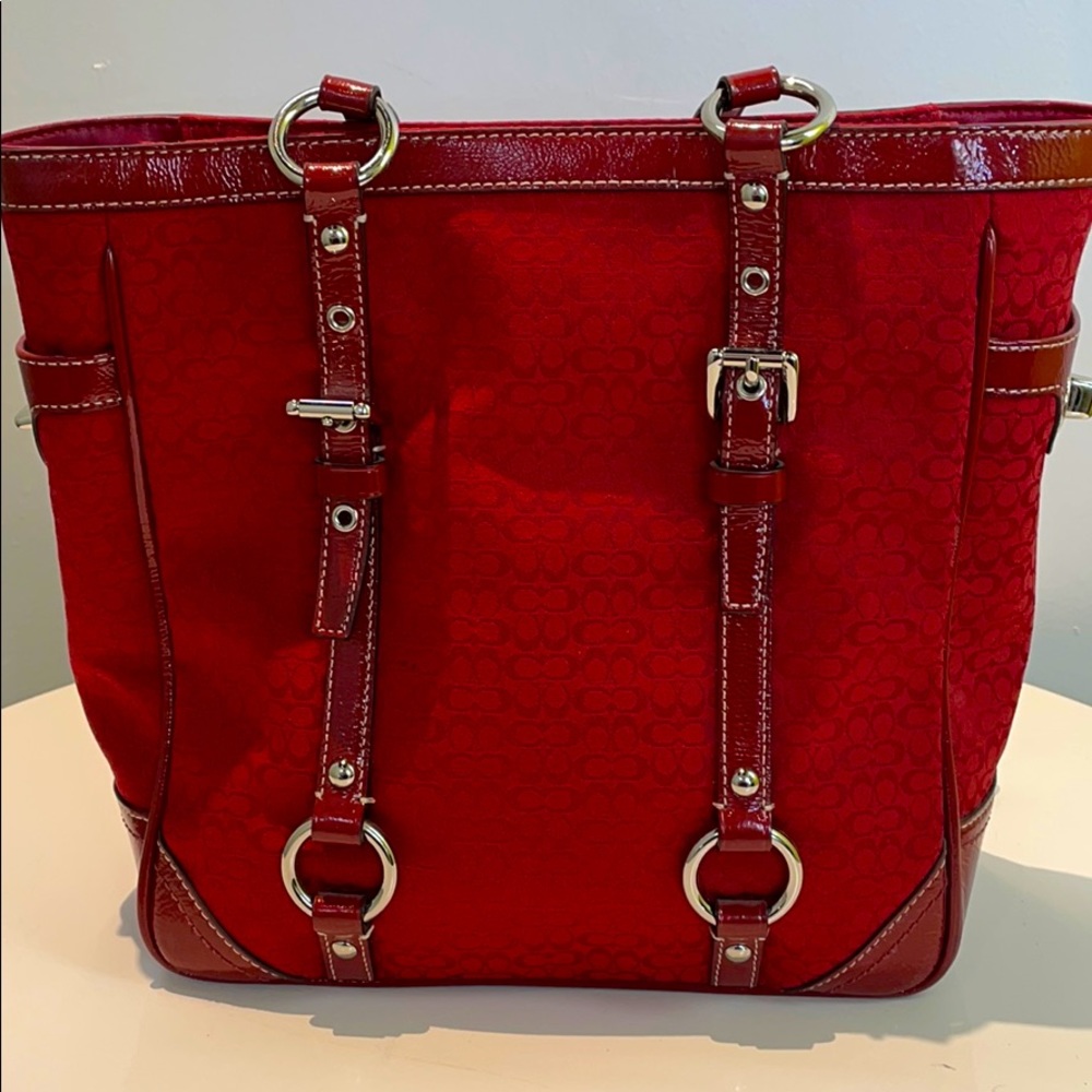 Red Coach Logo Fabric Purse
